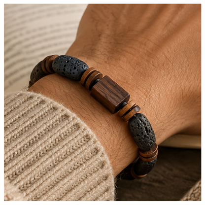 Ember Grain Stone-and-Wood Bead Bracelet