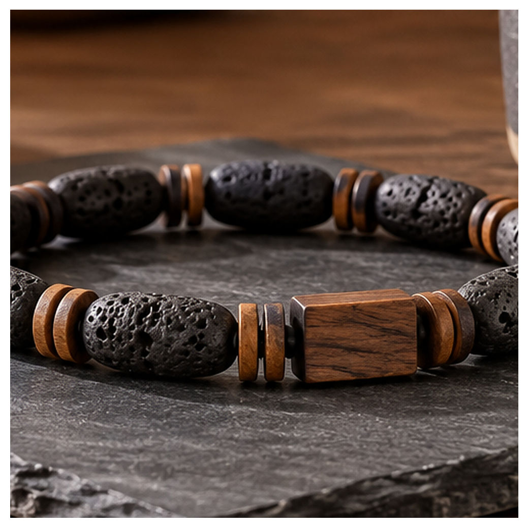 Ember Grain Stone-and-Wood Bead Bracelet