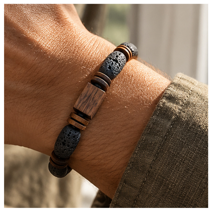 Ember Grain Stone-and-Wood Bead Bracelet